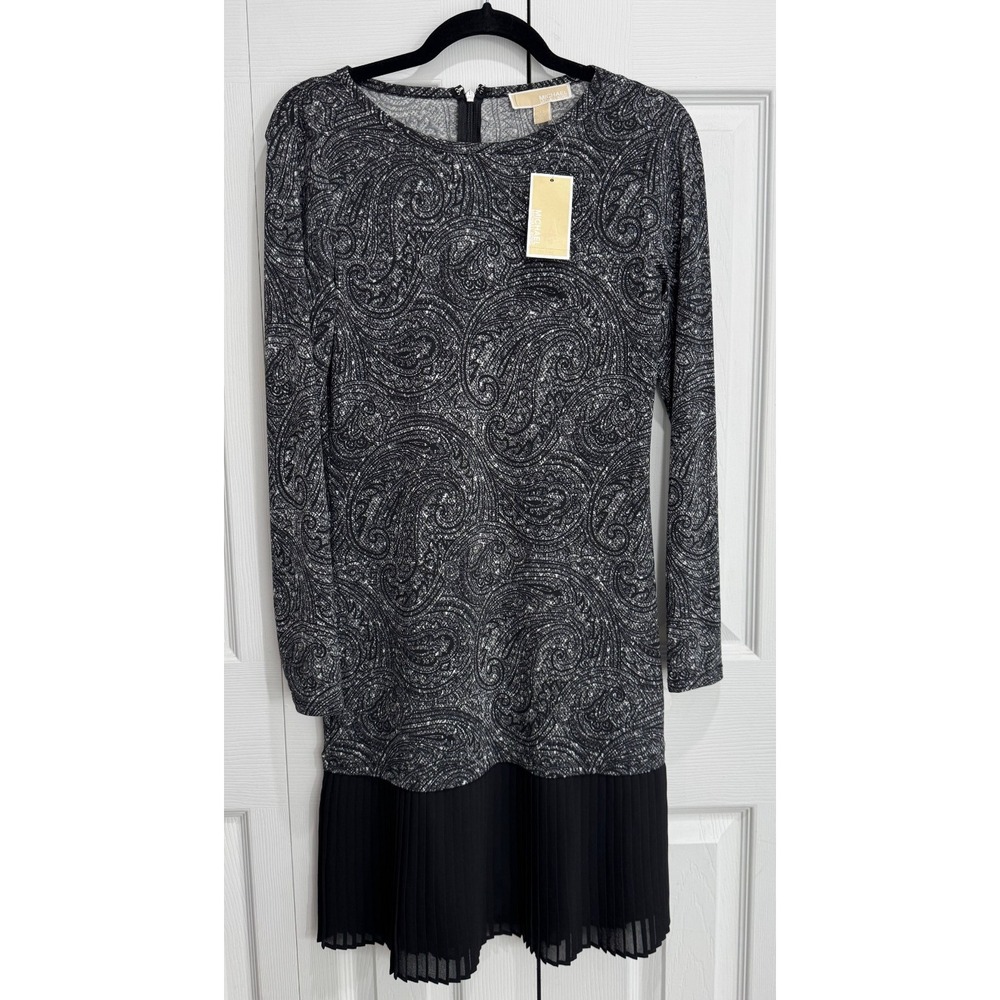 NWT Michael Kors‎ Paisley Long Sleeve Dress Women's XS Black Pleated Hem Hipster